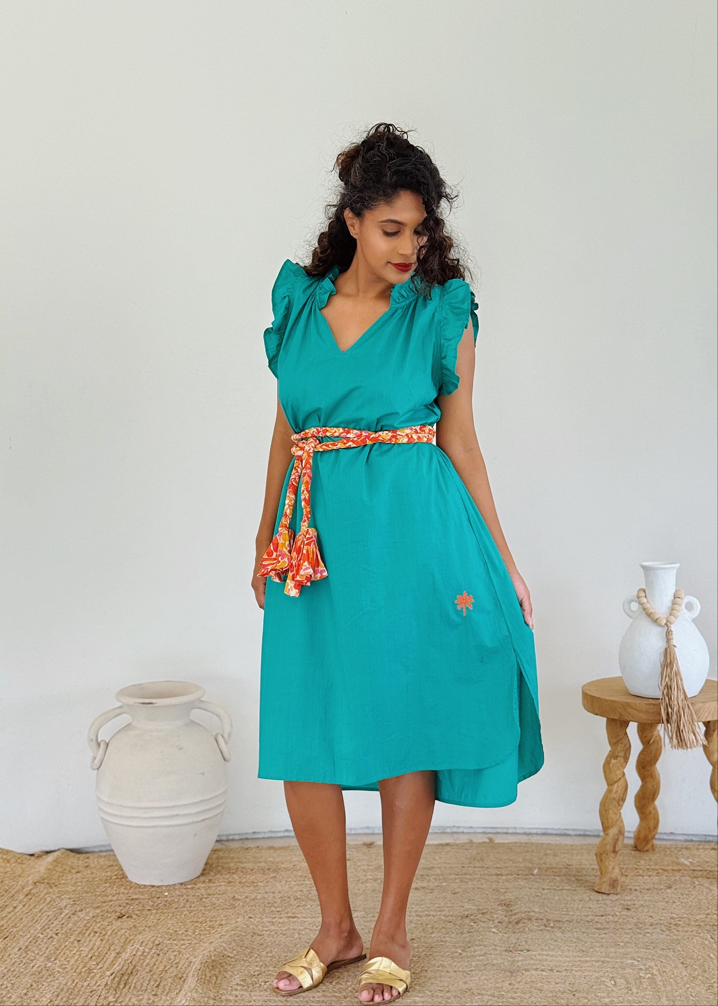 Ruffle Embroidered Palm Midi Dress