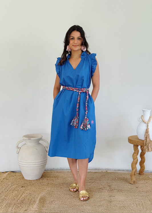 Ruffle Embroidered Palm Midi Dress