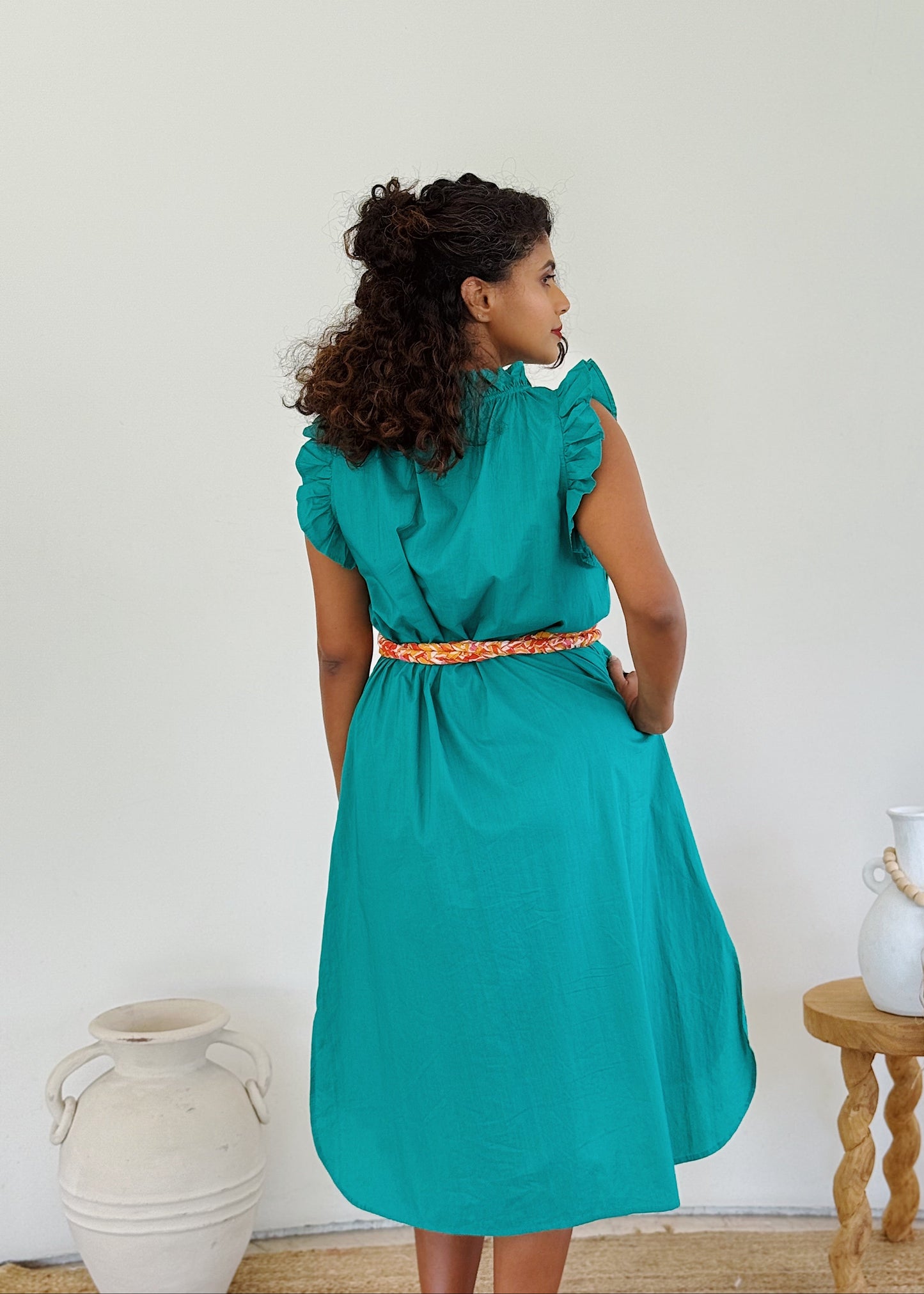 Ruffle Embroidered Palm Midi Dress