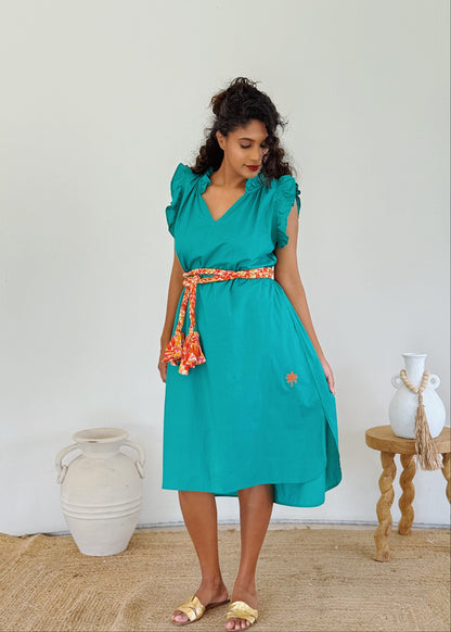 Ruffle Embroidered Palm Midi Dress