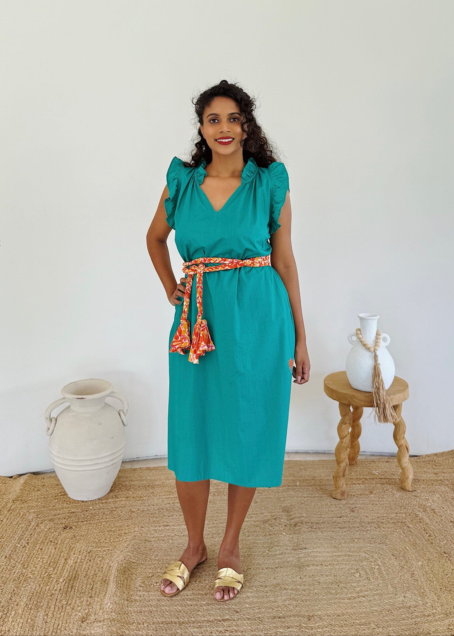 Ruffle Embroidered Palm Midi Dress