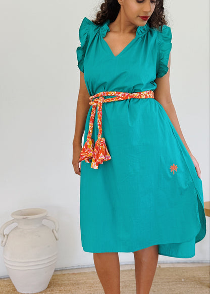 Ruffle Embroidered Palm Midi Dress